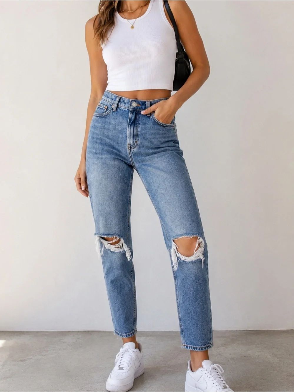 Topshop Mom Jeans W26 L30 Distressed Ripped High Rise Blue 100% Cotton Denim